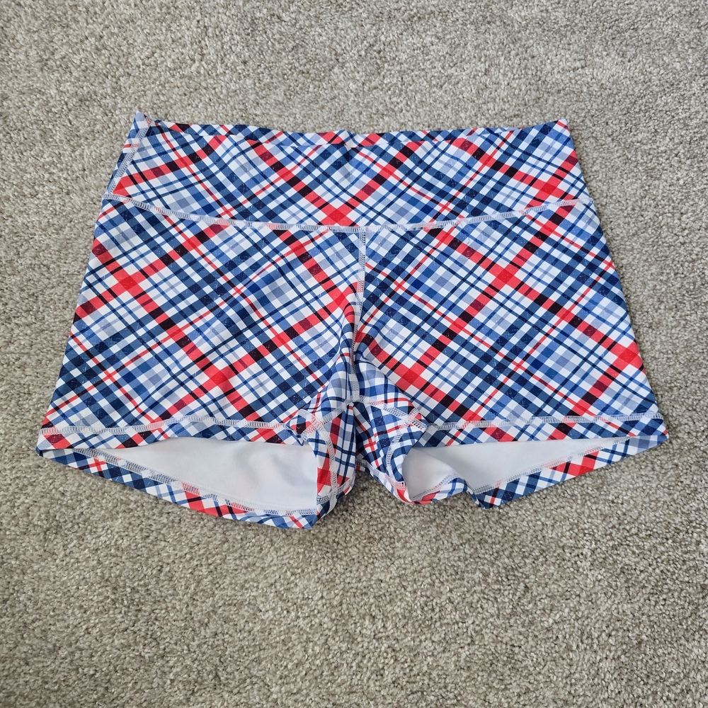 NWT Peachy Athletic Serenity Americana Plaid Women's Athletic Shorts Sz Large